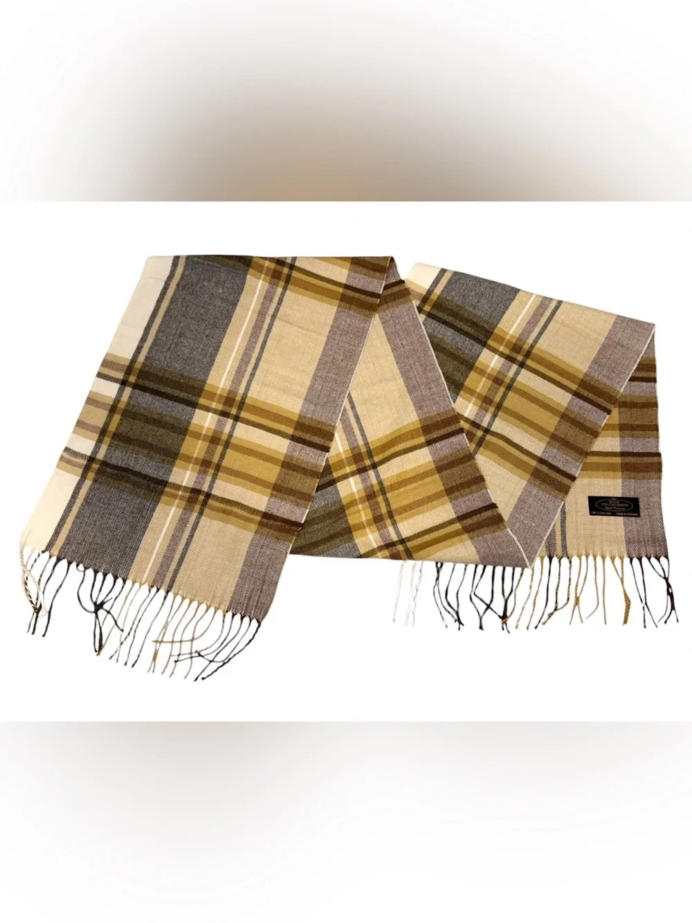 Vintage 80s 100% Cashmere Scarf Hand Tailored in Germany Earthy Plaid 72x12”